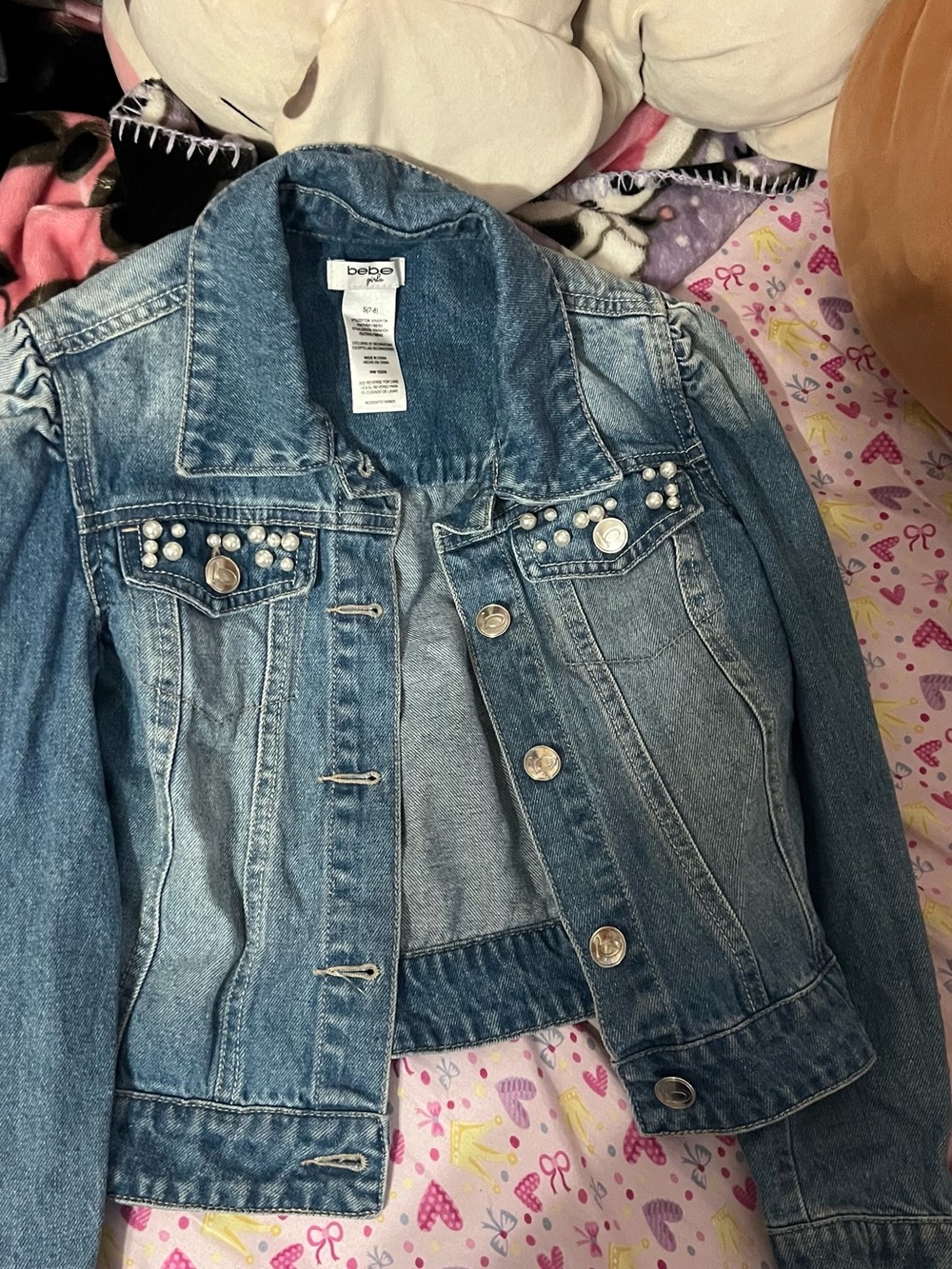 bebe Light Blue Denim Jacket with Pearl Embellishments